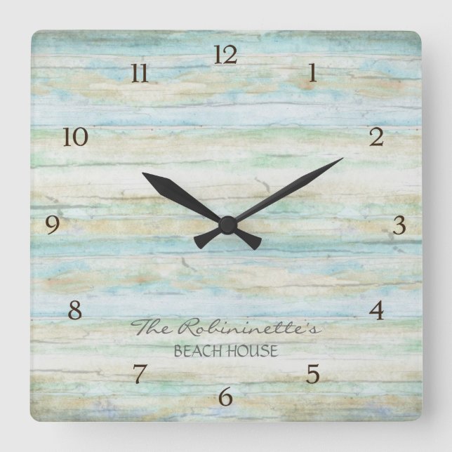 Driftwood Ocean Beach House Coastal Seashore Square Wall Clock (Front)