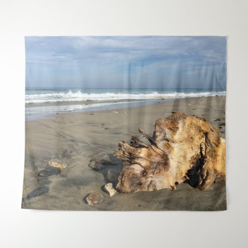 Driftwood on the Beach Ocean Waves Photo Tapestry