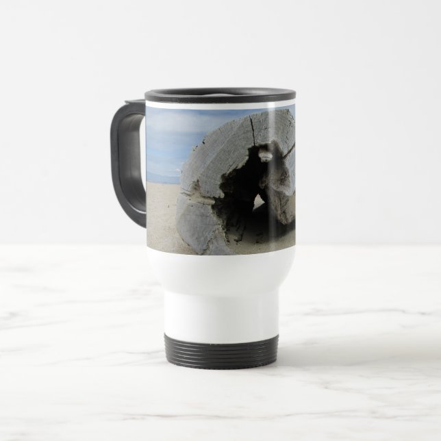 Driftwood Pacific Coast California Beach Photo Travel Mug (Front Left)