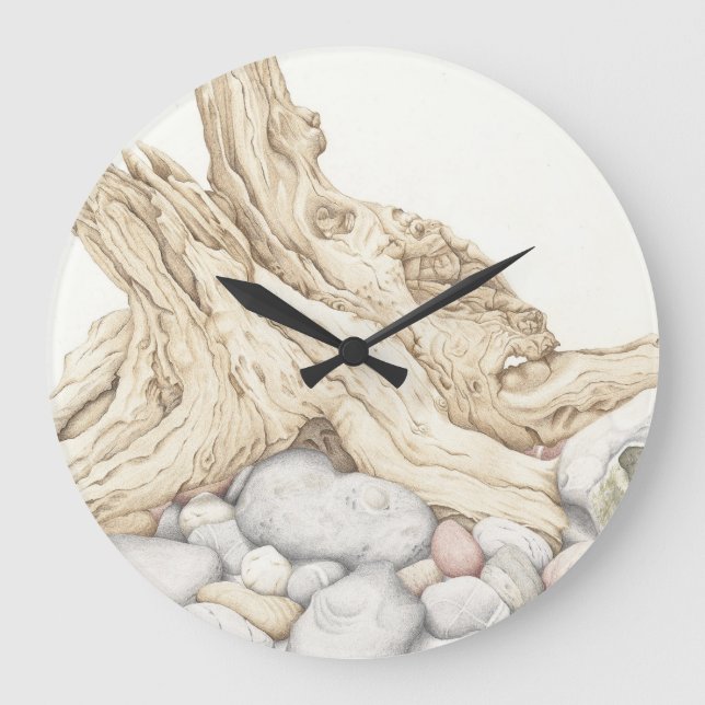 Driftwood & Pebbles in Coloured Pencil Wall Clock (Front)