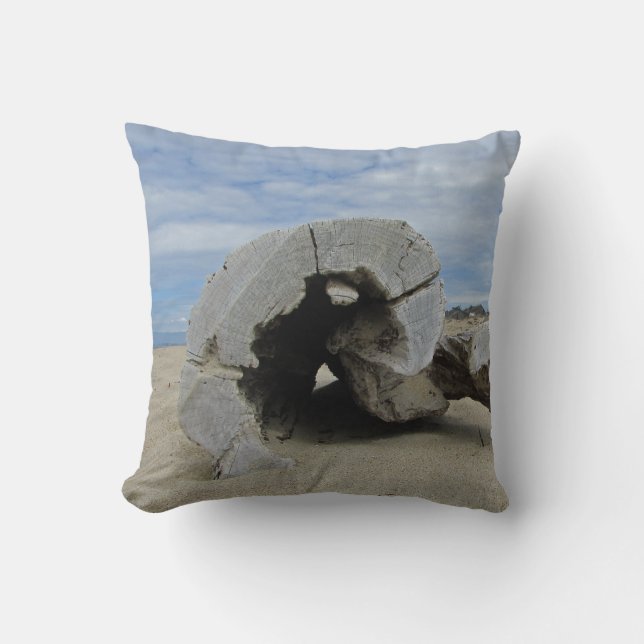 Driftwood Rests on Pacific Coast Sand Beach Time Throw Pillow (Front)