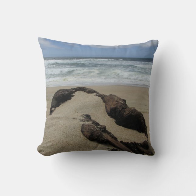 Driftwood Sand Ocean Coast Landscape Beach Throw Pillow (Front)