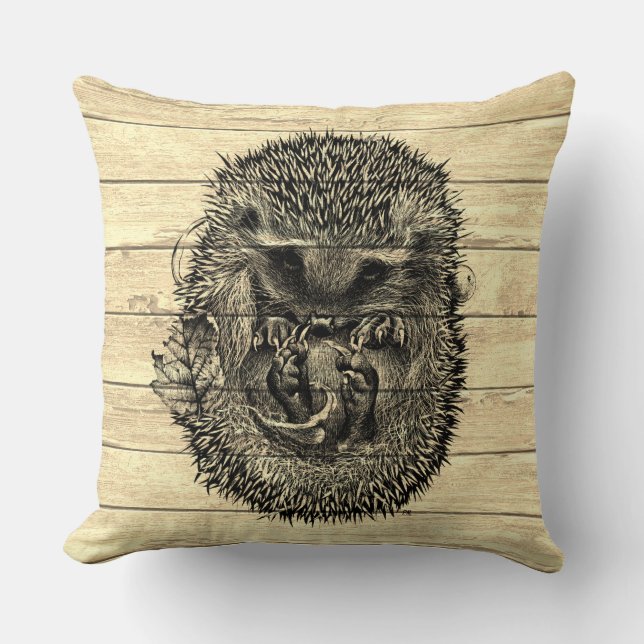 Driftwood throw cushion with sleeping hedgehog (Front)