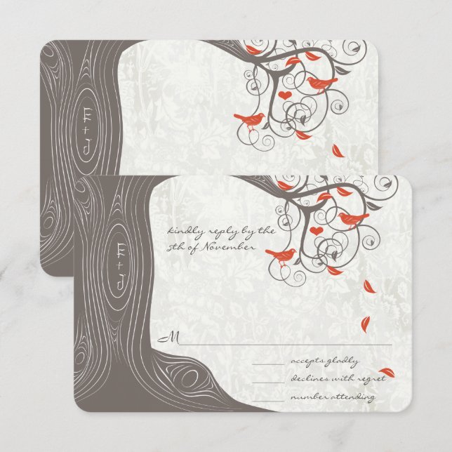 Driftwood Tree Coral Love Birds Wedding Invitation (Front/Back)