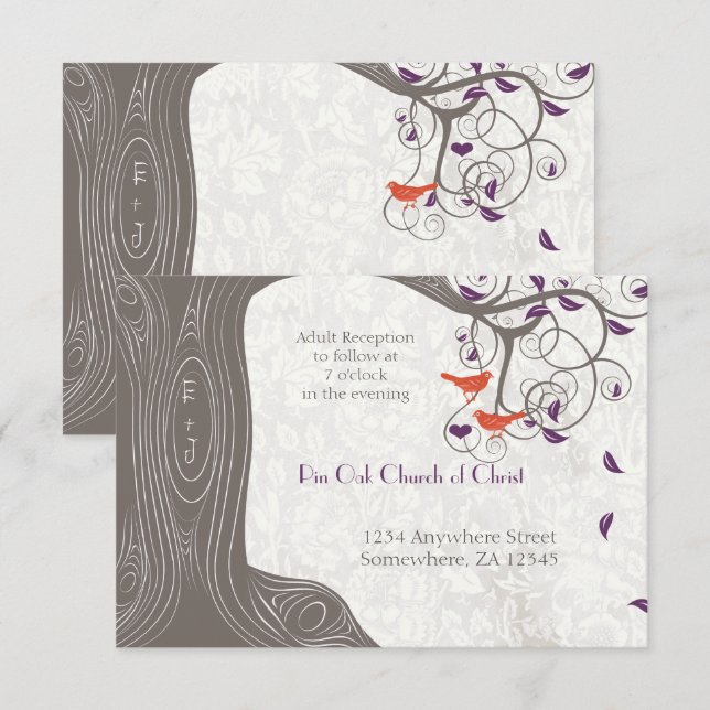 Driftwood Tree Coral Lovebirds Purple Leaf Wedding Invitation (Front/Back)