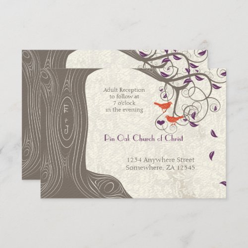 Driftwood Tree Coral Lovebirds Purple Leaf Wedding Invitation