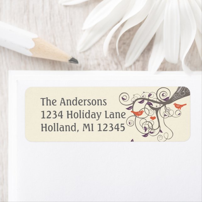 Driftwood Tree Orange Love Bird Return Address Label (Insitu)