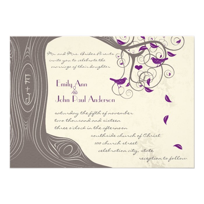 Radiant Purple Love Bird Rustic Tree Wedding Invitation