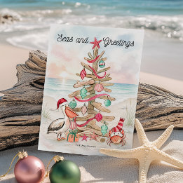 Driftwood Tree Seas & Greetings Coastal Christmas Holiday Card