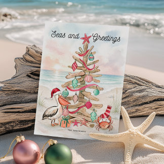 Driftwood Tree Seas & Greetings Coastal Christmas Holiday Card
