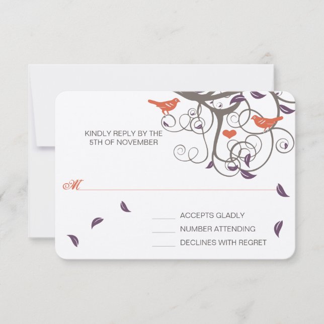 Driftwood Tree Swirl Love Birds Wedding RSVP (Front)
