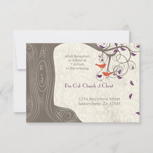 Driftwood Tree Tangerine Birds Purple Leaf Wedding Invitation