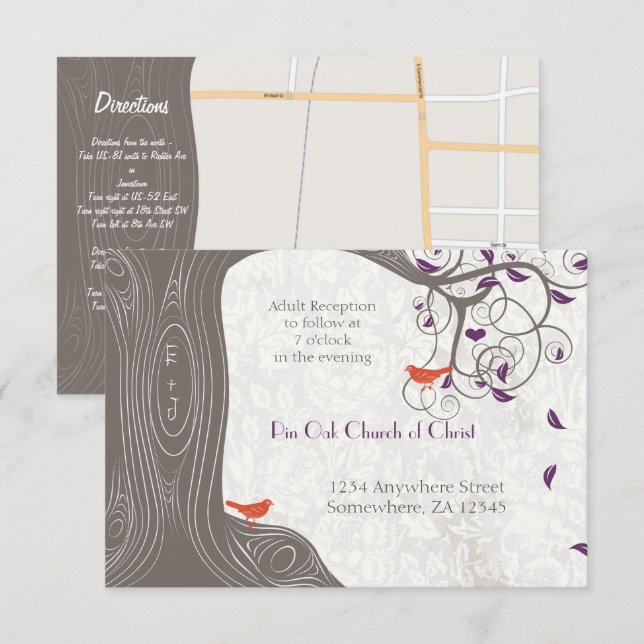 Driftwood Tree Tangerine Birds Purple Leaf Wedding Invitation (Front/Back)