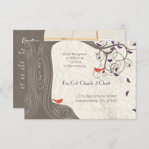 Driftwood Tree Tangerine Birds Purple Leaf Wedding Invitation