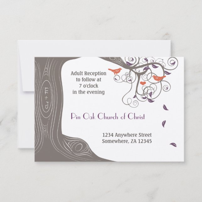 Driftwood Tree Tangerine Birds Purple Leaf Wedding Invitation (Front)