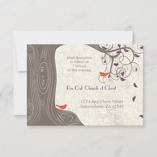 Driftwood Tree Tangerine Birds Purple Leaf Wedding Invitation