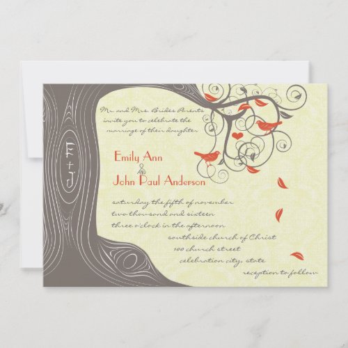 Driftwood Tree Tangerine Birds Wedding Invitations