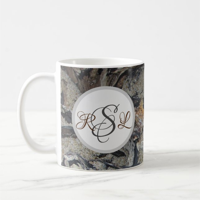 Driftwood Woodgrain Photo Fancy Initial Nature Coffee Mug (Left)