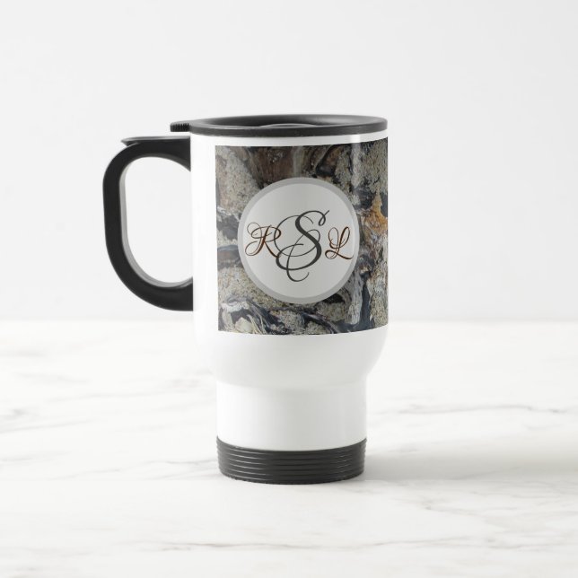 Driftwood Woodgrain Photo Fancy Initial Nature Travel Mug (Left)