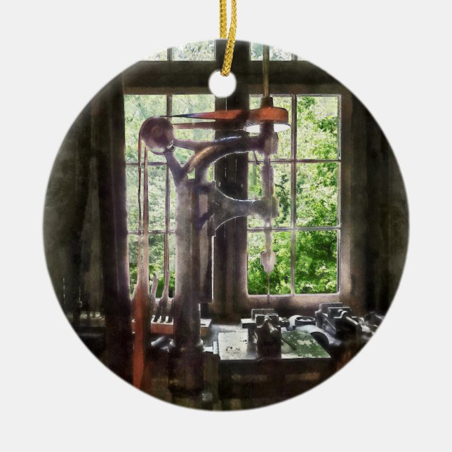 Drill Press by Window Ceramic Ornament (Front)