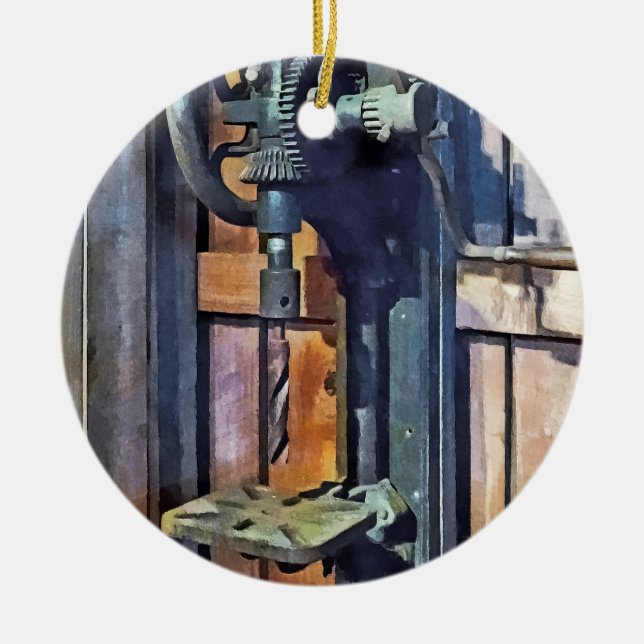 Drill Press in Shop Ceramic Ornament (Front)