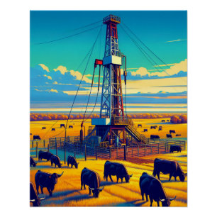 Drilling Rig and Black Cattle  Poster