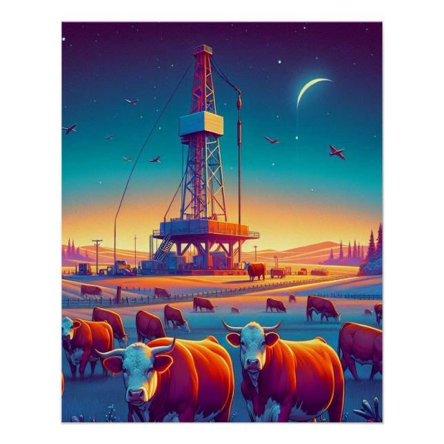 Drilling Rig and Herford Cattle at Night Poster (Front)