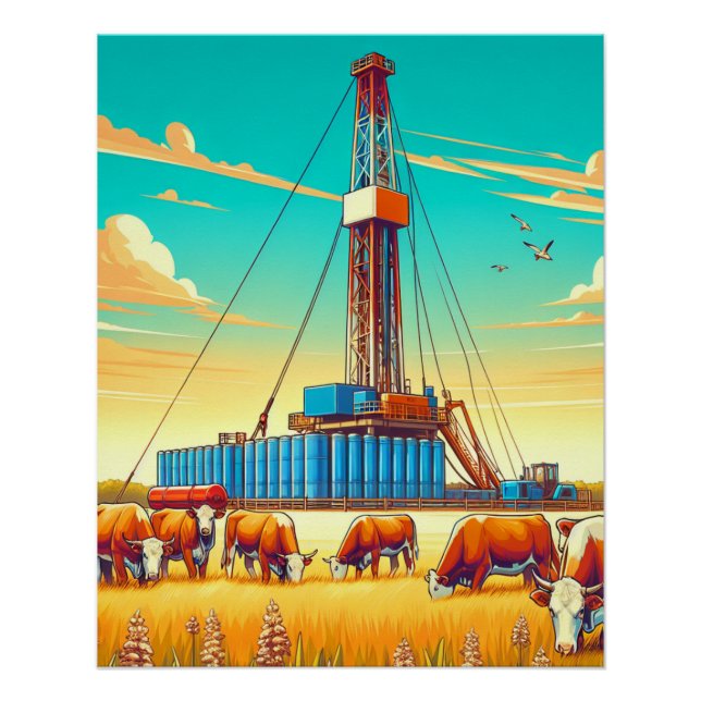Drilling Rig and Herford Cattle  Poster (Front)