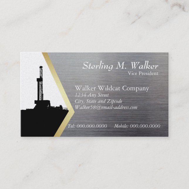 Drilling Rig Silhouette on Metal Look Business Card (Front)