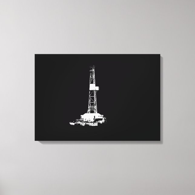 Drilling Rig Silhouette White on Black Canvas Print (Front)