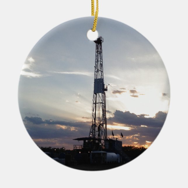Drilling Rig Sunset Ceramic Ornament (Front)