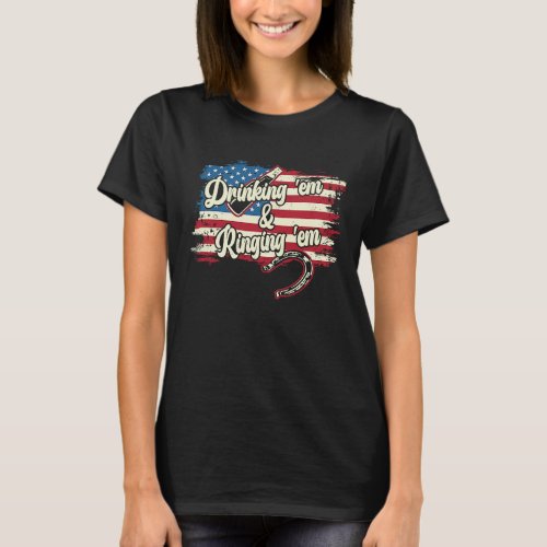 Dringkin Em Ringin Em USA FLag Horseshoe Pitchin T_Shirt