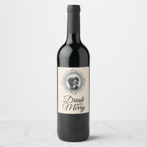 Drink Be Merry Festive Holiday Silver Frame Photo Wine Label