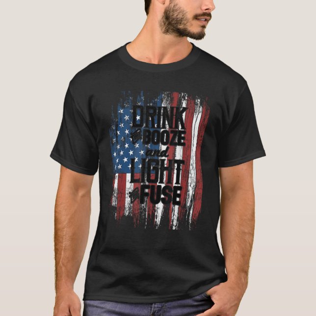 Drink Booze Light Fuse American Flag July 4th Beer T-Shirt (Front)