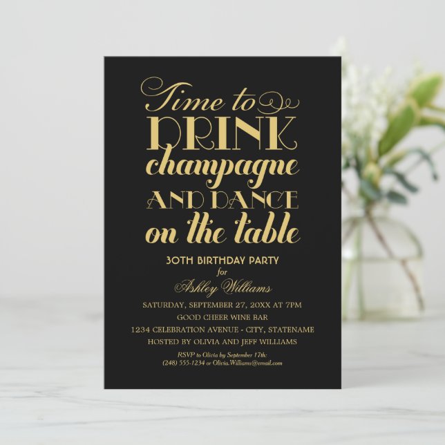 Drink Champagne Dance Black Gold Invitation (Standing Front)