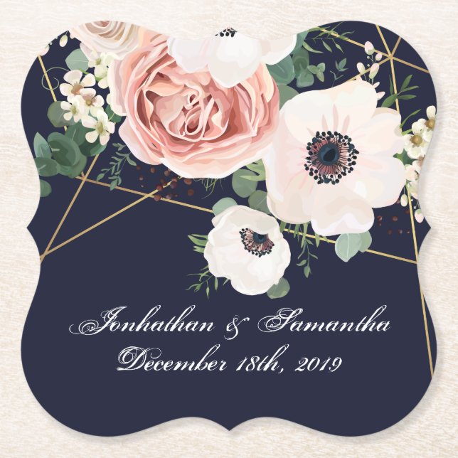 Drink Coasters Geometric Garden Rose Navy Blue (Front)