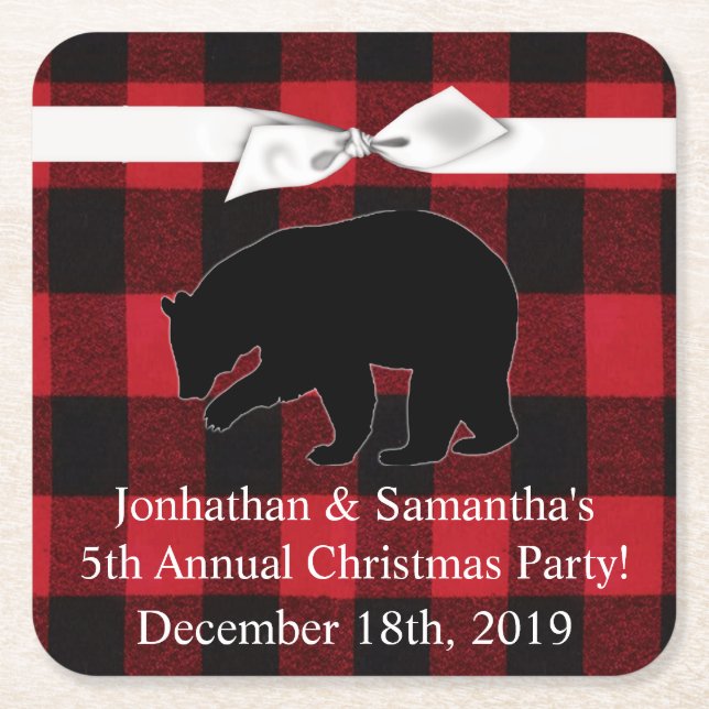 Drink Coasters Red Plaid Black Bear (Front)