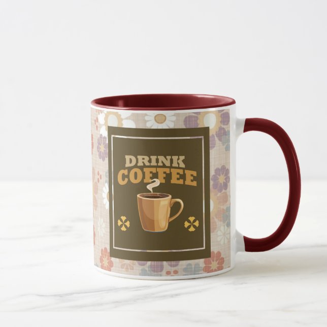 Drink Coffee Mug – Maroon Floral Aesthetic Pattern (Right)
