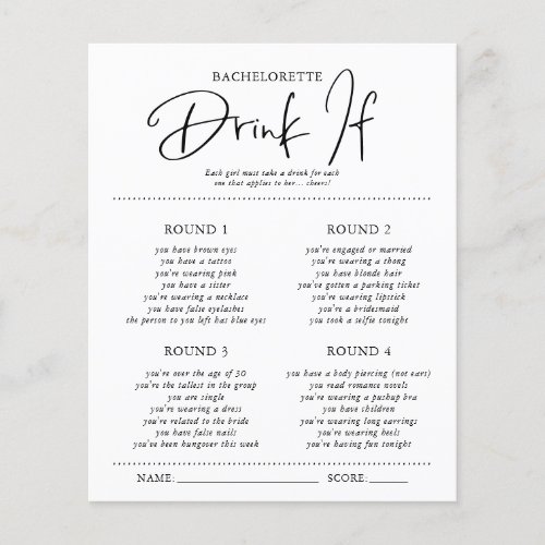 Drink If  Bachelorette Party Game Card