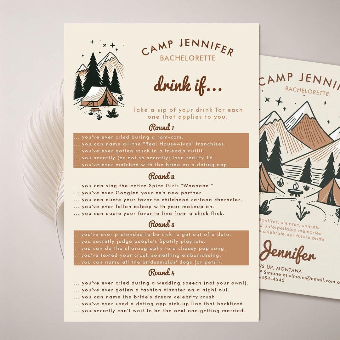 Drink If Camp Bachelorette Party Game Flyer (camping bachelorette party game drink if camp bach earth colors beige brown)