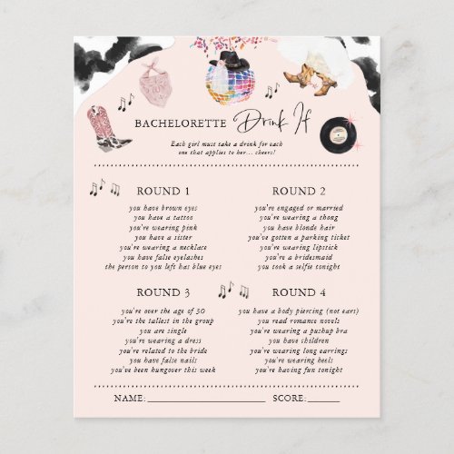 Drink If  Disco Cowgirl Bachelorette Party Game