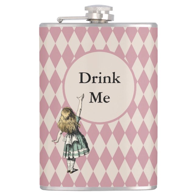 Drink Me Alice in Wonderland Green Mauve Checkered Flask (Front)