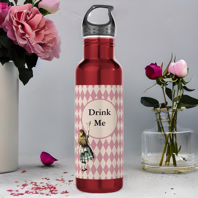 Drink Me Alice in Wonderland Green Mauve Checkered Stainless Steel Water Bottle (Creator Uploaded)