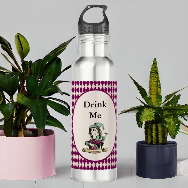 Drink Me Mad Hatter Alice in Wonderland Magenta Stainless Steel Water Bottle (Creator Uploaded)