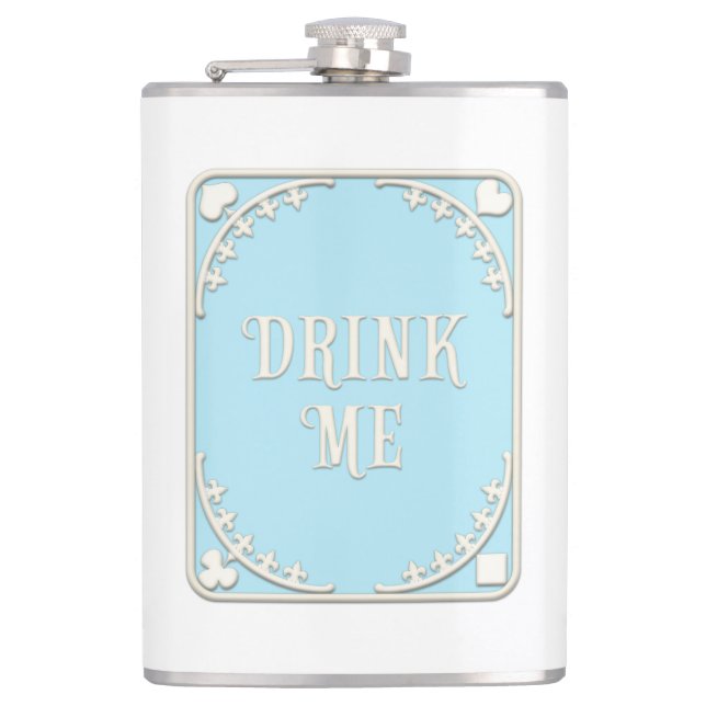 "Drink Me" Whimsical Victorian Filigree Blue Flask (Front)
