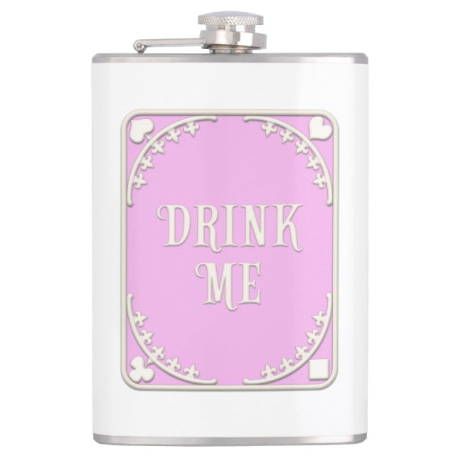 "Drink Me" Whimsical Victorian Filigree Pink Flask (Front)