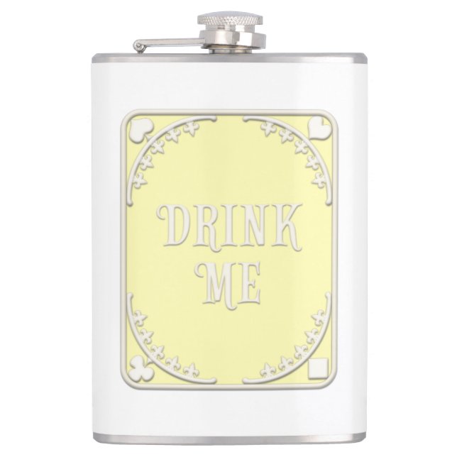 "Drink Me" Whimsical Victorian Filigree Yellow Flask (Front)