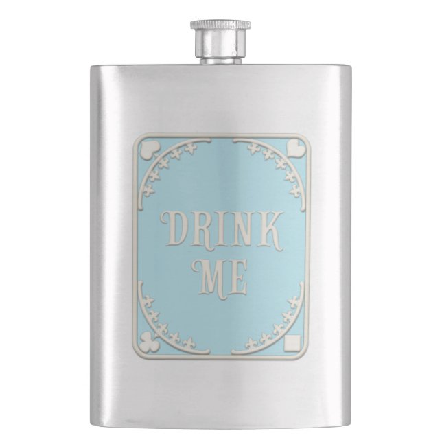 "Drink Me" Wonderland Tea Party Blue Emblem Flask (Front)