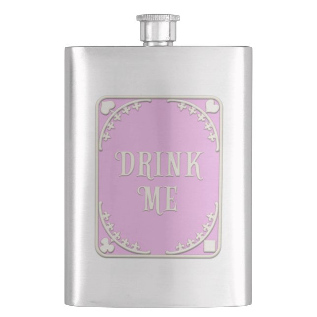 "Drink Me" Wonderland Tea Party Cute Pink Emblem Flask (Front)