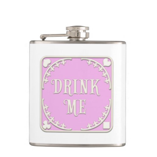 Drink Me Wonderland Tea Party Mauve Pink Emblem Flask